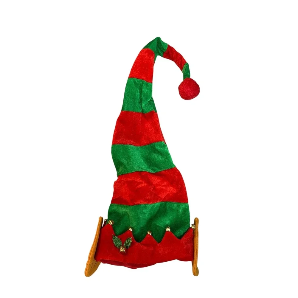 Giggling‎ Getup Elf Hat Red Green Striped Jingle Bells Adult Unisex Christmas